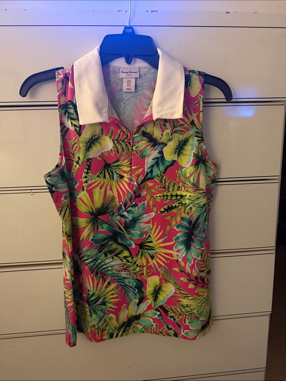 Tommy Bahama Pink Tropical Print Sleeveless Polo with White Collar